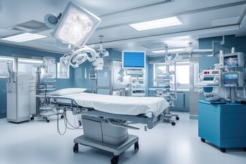 Interior of a modern operating room with surgery equipment. 3D rendering, Equipment and medical devices in modern operating room, AI Generated