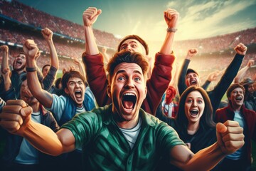 Excited football fan cheering with raised hands at a soccer stadium, Excited football fans cheering a goal, supporting favorite players, AI Generated - obrazy, fototapety, plakaty