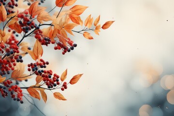  a branch filled with lots of red berries on top of a blue and white background with boke of light coming in from the top of the branches of the branches.