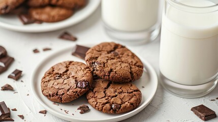 Delicious cookies with chocolate on a white plate and fresh milk in a glass on a light table. An idea for a children's breakfast or snack 