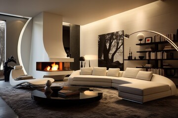 Modern living room interior with fireplace and comfortable sofa. 3d render, Fabulous interior design of living room with modern furniture, AI Generated