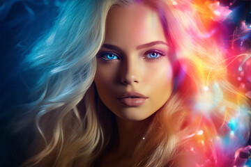 Fototapeta premium Blond young woman portrait with digital holografic effect