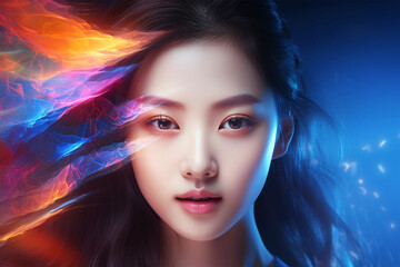 Naklejka premium Beautiful young korean woman portrait with digital holografic effect