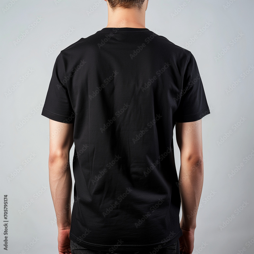 Wall mural design for clothes shop, man in black t shirt. simple plain wear. tshirt with no letters. front view