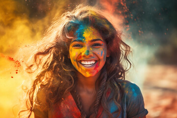 Obraz premium Portrait of young woman in colorful powder on indian street, Holi festival