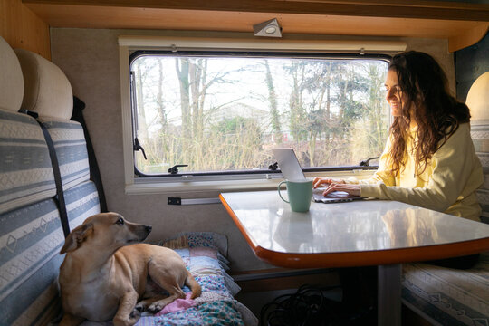 Woman traveling in the motorhome and working remotely with her dog