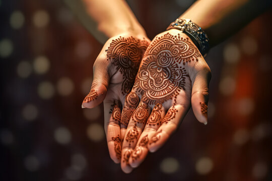 Graceful womans hand adorned with traditional menhdi henna ornament a symbol of beauty, culture, and intricate craftsmanship