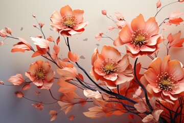  a close up of a bunch of flowers on a white and gray background with a red vase in the middle of the picture and the flowers on the right side of the picture.