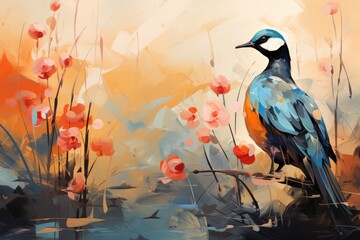  a painting of a bird sitting on a branch in front of a field of flowers with red flowers in the foreground and a blue bird on the right side of the picture.