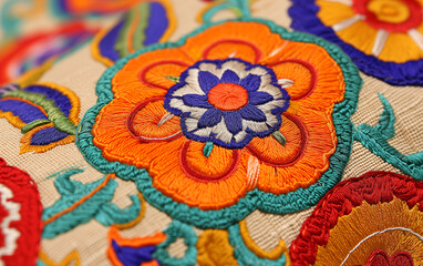 Fototapeta na wymiar traditional thai fabric. floral pattern with flowers. textile illustration, mandala. orange pink and green.