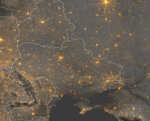 Night satellite view of Ukraine, black Sea and borders. City and street lights. Elements of this...