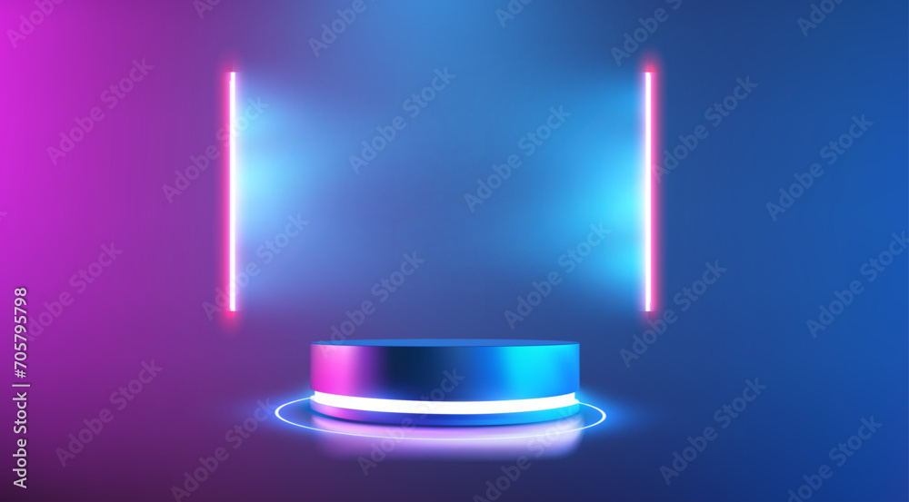 Poster glowing neon stage with futuristic pedestal on gradient background for product display. shop promoti