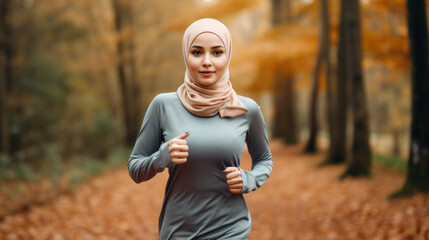 Asian young muslim woman running in city park
