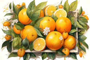  a painting of a bunch of oranges with leaves and flowers on top of a wooden box with leaves and flowers on the sides of the top of the box.