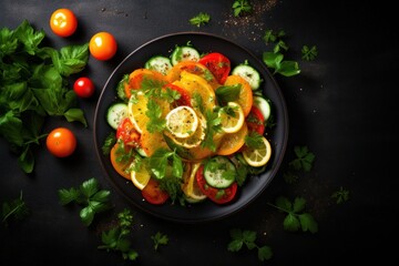  a plate full of sliced oranges, cucumbers, tomatoes, and parsley on a black surface with tomatoes and parsley on the side of the plate.