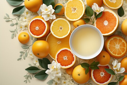  a bowl of yogurt surrounded by oranges, flowers, and a bunch of oranges on top of a white surface with green leaves and white flowers.