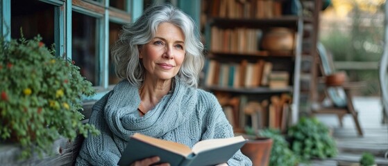 Senior citizen enjoying a book on the porch