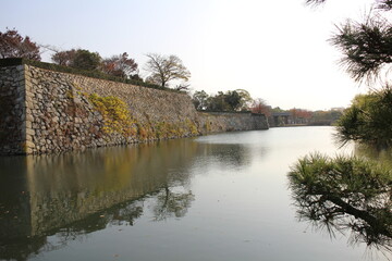 Obraz premium Himeji Castle moat and autumn leaves in the early morning in Himeji, Japan