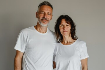 Obraz premium An older, wiser pair against a white backdrop wearing matching mockup white t-shirts, Generative AI.