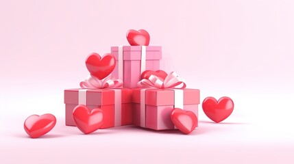 Valentine's day design. Realistic red gift box. Open a gift box full of decorative festive objects. Holiday banner, web poster, flyer, stylish brochure, cover. Romantic background, generative ai