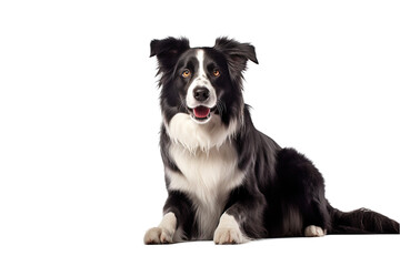 Black and white border collie sitting, isolated on white, transparent background, PNG. Portret of purebred dog, australian shepherd, pet. 