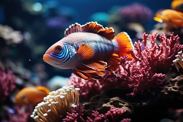  a close up of a fish on a coral with other corals and sea anemones in the background and a blue light in the middle of the photo.