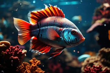  a close up of a fish in an aquarium with corals and other marine life in the background and in the foreground, there is a fish in the foreground.