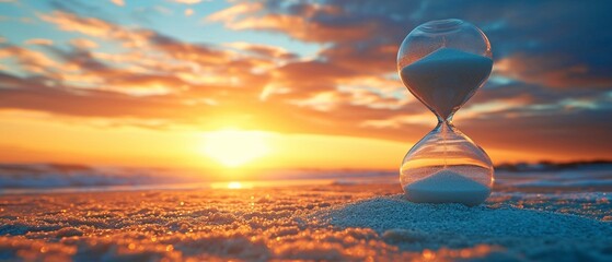 Hourglass at the break of dawn. An hourglass with sand going through the glass bulbs is used to measure the amount of time that passes before a deadline.. - obrazy, fototapety, plakaty