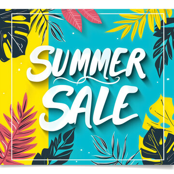 summer sale sign, banner with vivid bright colors. banner, logo. palm leaves