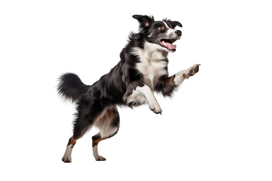 Black and white border collie jumping, isolated on  white, transparent background, PNG. Portret of purebred dog, australian shepherd, pet. 