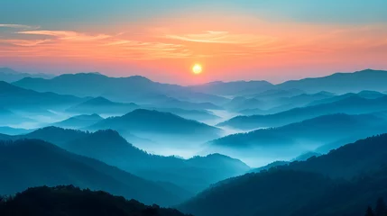 Papier Peint photo autocollant Matin avec brouillard Misty mountains in the morning. Fog. Landing page, background, banner. Sunset in mountain, Urals, Alps, Andes, foggy wallpaper. Colorful, abstract