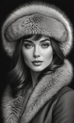 Incredibly beautiful girl in a fur hat, pencil drawing