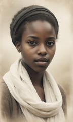 Retro portrait of a black girl in a white scarf. Cozy photo with a sad expression