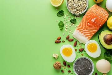Nuts, seeds, avocado, eggs, salmon, and a backdrop of green represent the keto diet philosophy, Generative AI.