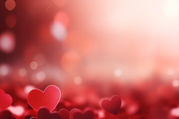  a bunch of red hearts floating in the air on a blurry red and pink background with a boke of light in the middle of the image and a blurry background.