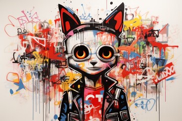  a painting of a cat with orange eyes and a leather jacket with graffiti all over it's body and behind it is a picture of a cat with orange eyes.