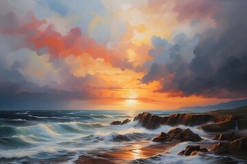 Oil painting with brush strokes and texture. Sunset over the sea. - obrazy, fototapety, plakaty