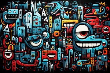  a painting of a bunch of different types of things in the shape of a monster with big eyes and mouth wide open wide wide open wide wide wide open eyes.
