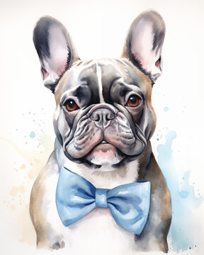 Watercolor painting of a french bulldog, wearing a bowtie--highest resoltution possible. no suffix
