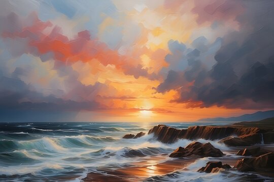 Oil painting with brush strokes and texture. Sunset over the sea.