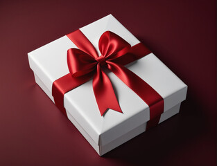 Blank white gift box open or top view of white present box tied with red ribbon bow isolated on dark red background with shadow minimal conceptual 3D