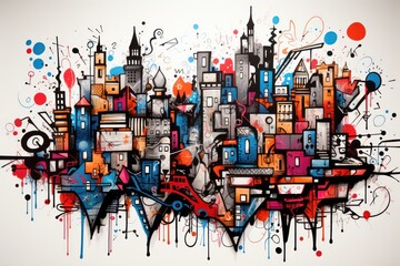  a painting of a city with lots of graffiti on the side of the building and on the side of the building is a red, blue, orange, black, white, and red, and blue, and black, and white.