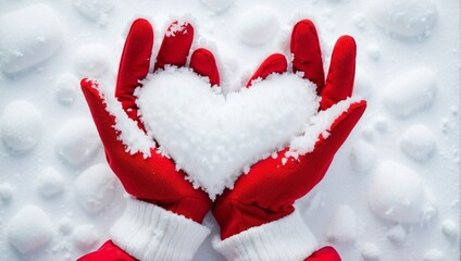 Snow Background, White Heart Shaped Snow Inside Red Gloves