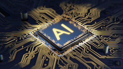 3D render AI artificial intelligence concept against random moving CPU central processing unit with brain HUD and FUI element. Ai algorithm process with chipset on the motherboard. Technology future