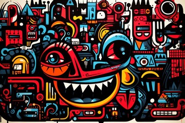  a painting of a face surrounded by a lot of different types of shapes and sizes of things that are in the shape of a monster's mouth and teeth.