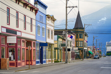 Old city center of Skagway, Alaska - Vintage storefronts in the Klondike Gold Rush National...