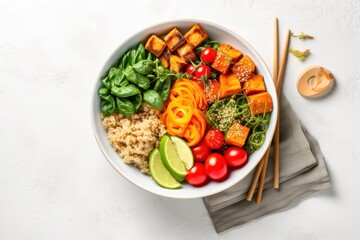  a bowl filled with vegetables and rice next to chopsticks and a bowl of broccoli, tomatoes, cucumbers, avocado, and tofu.