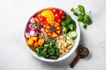  a white bowl filled with lots of different types of veggies next to a wooden spoon and a small bowl of seasoning on a white surface next to a wooden spoon.