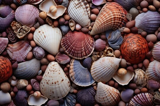 Variety of seashells and pebbles background, top view, Experience rich textures with macro photography, showcasing intricate patterns of bark, fabric, and seashells, AI Generated