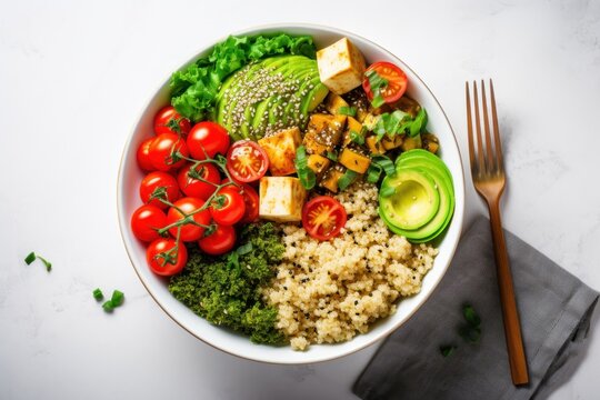  a white bowl filled with rice, tomatoes, avocado, tofu, broccoli, cucumber, and other vegetables next to a fork.
